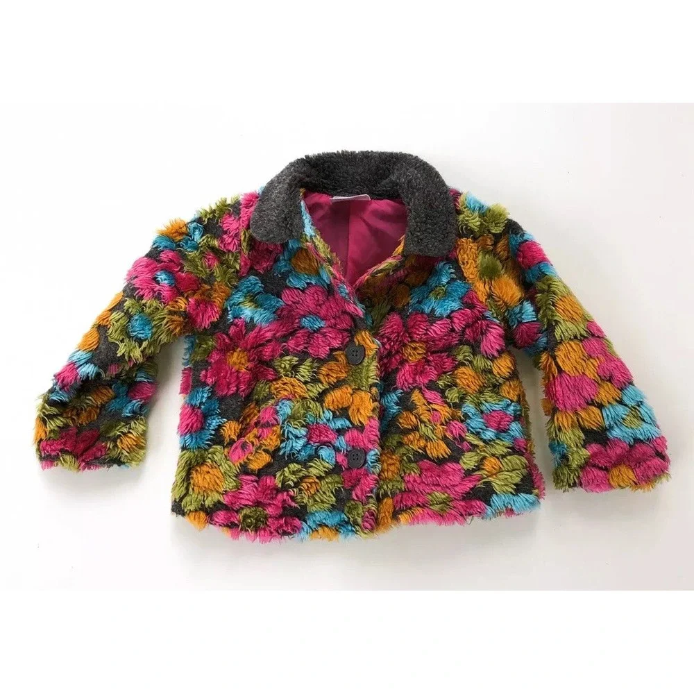 HANNA ANDERSSON 90‎ Floral Fuzzy STUNNING coat PLUSH 3t Girls Jacket